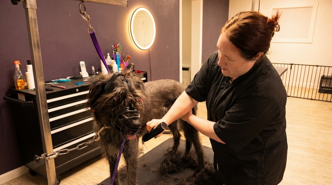 Calm dog being gently groomed