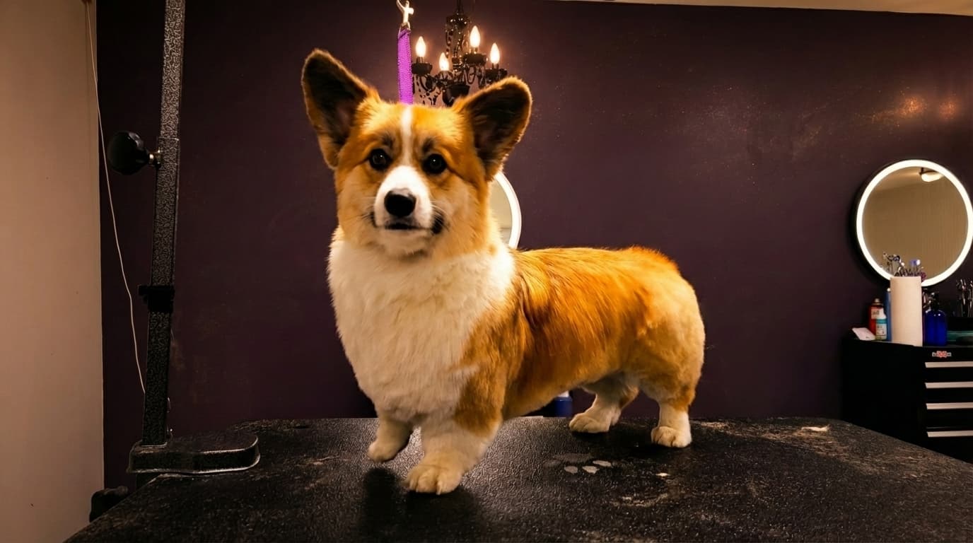 Freshly groomed corgi on the grooming table