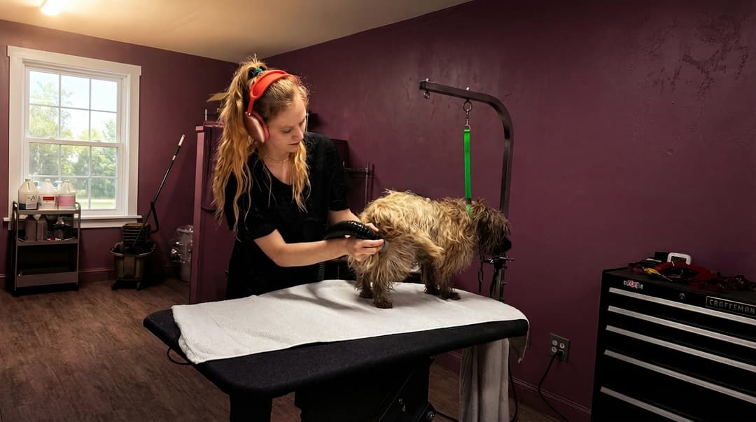 Groomer drying a dog